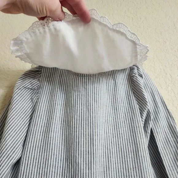 VTG Mousefeathers Size 6 Grey White Striped Lace Collar Puff Sleeve Ruffle Dress - Picture 14 of 16